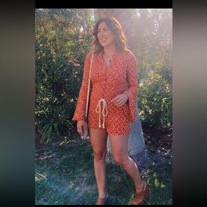 Star-Print Rust Orange Button-Down Playsuit with Drawstring Waist